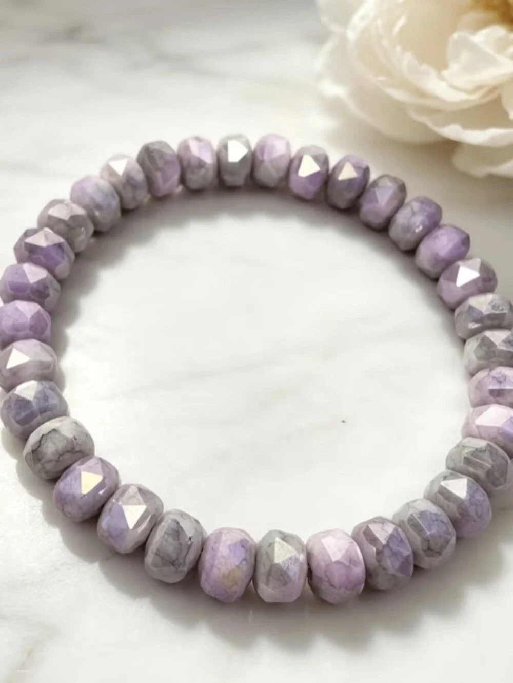 💜💚NEW💜💚 PRETTY!! Faceted MOSS AGATE WITH LAVENDAR QTZ Mix Stretch Bracelet